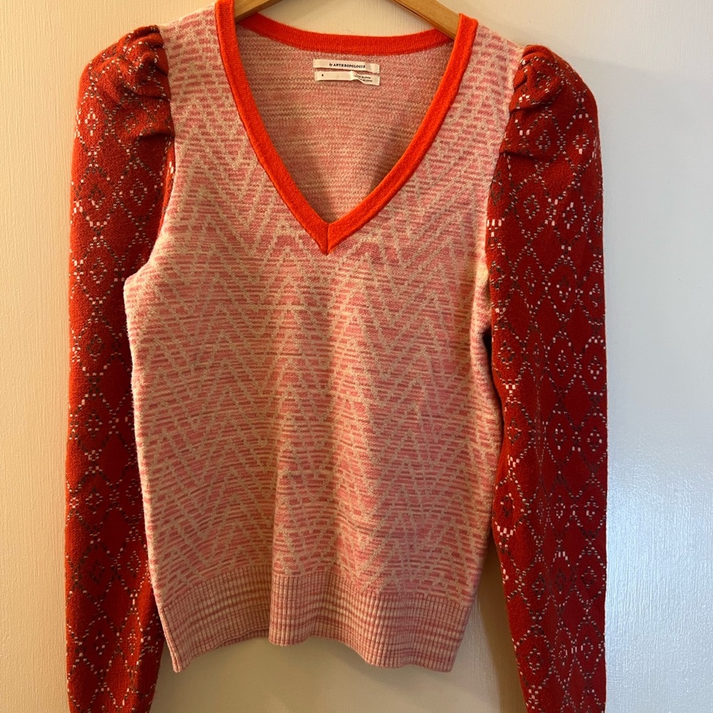 Anthropologie Red and Pink V-Neck Sweater